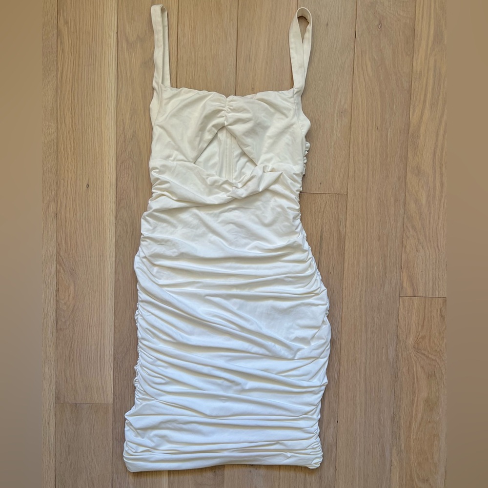 Meshki White Ruched Bodycon Mini Dress